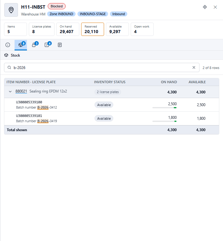 Searching on the Stock tab: only the rows with batch B-2026 remain, marked